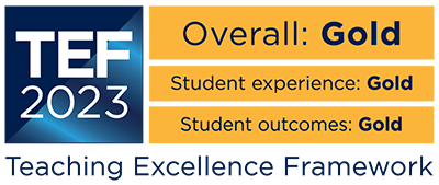 TEF 2023 outcome logo, showing that the overall rating is Gold, the student experience rating is Gold, and the student outcomes rating is Gold